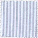 A swatch of fabric showing a sky blue and white striped pattern, typically used for making shirts.